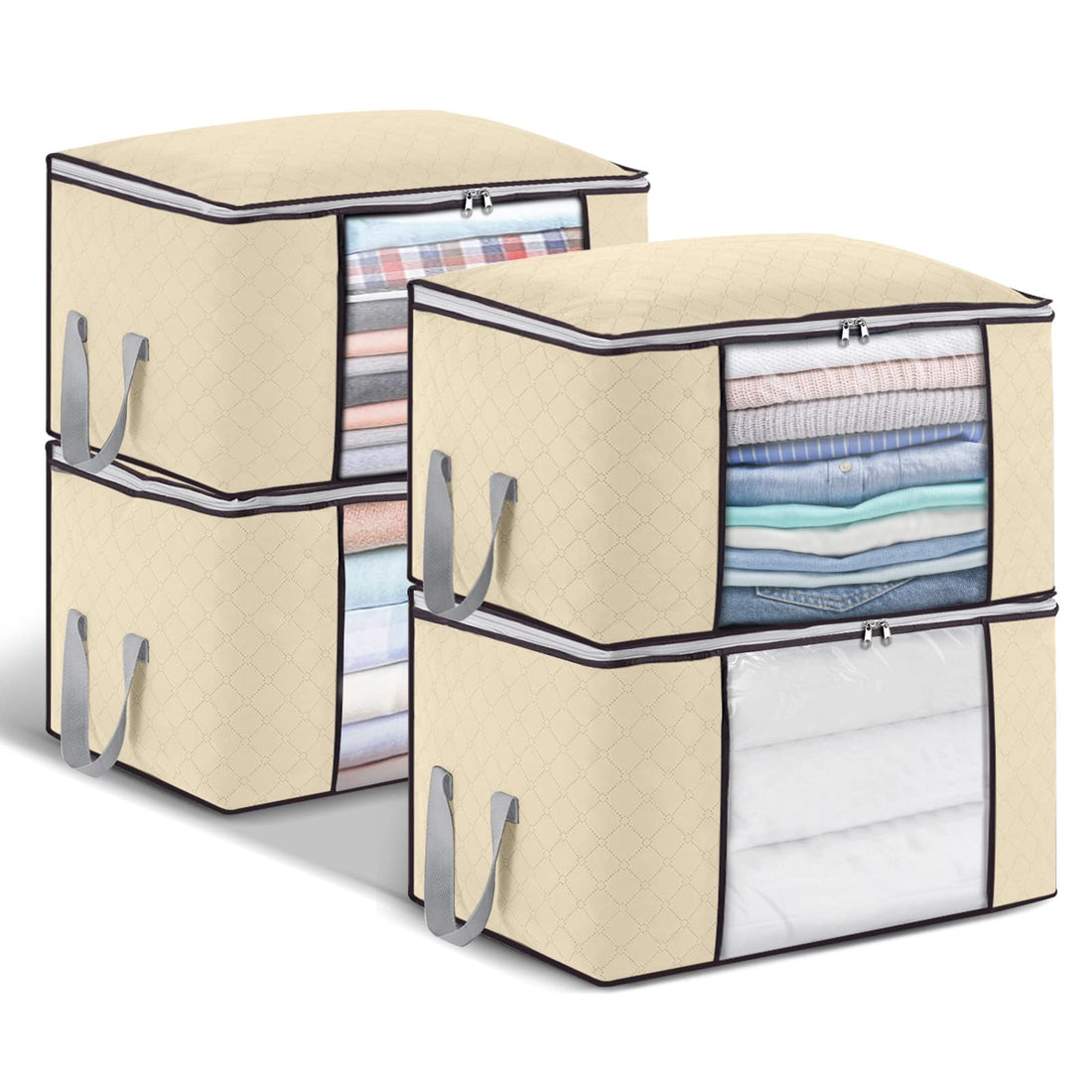 4Pack 90L Large Capacity Clothes Storage Bag Solution Organizer with Zips,Reinforced Handles Thick Fabric Foldable Duvet Storage Bag Anti-Mold Closet Storage Boxes for Comforters,Blankets,Bedding