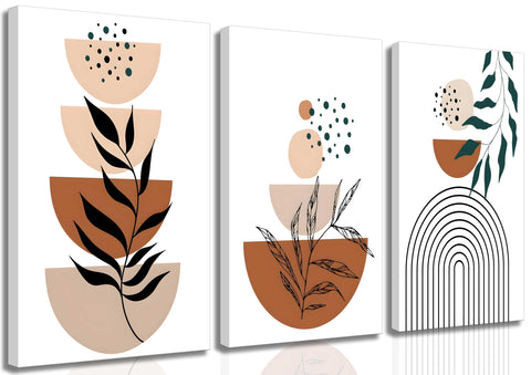 3 Pcs Framed Mid Century Modern Boho Canvas Wall Art Neutral Minimalism Bohemia Abstract Geometric Lines Plant Pictures wall Decor Posters Print Artwork for Living Room Bedroom Office Home Decoration