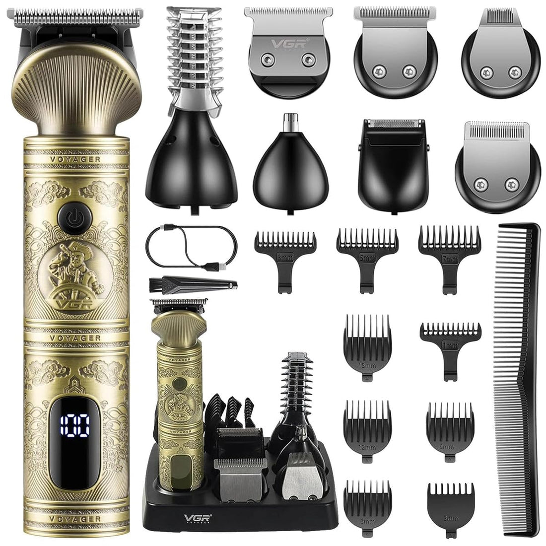 VGR Voyager V-106 6-in-1 Men's Grooming Kit, Gold, LED Display, 1200mAh Battery, USB Charging, Travel Lock, 12 Guide Combs