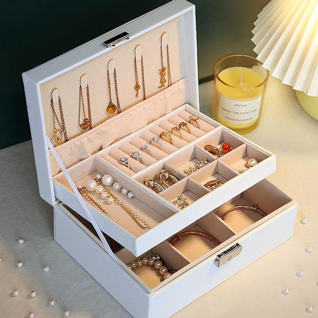 Leather Jewelry Box with Lock for Women Girls, 2 Layer Jewelry Organizer Box, Jewelry Storage Box with Removable Tray for Necklace Earrings Rings (White)