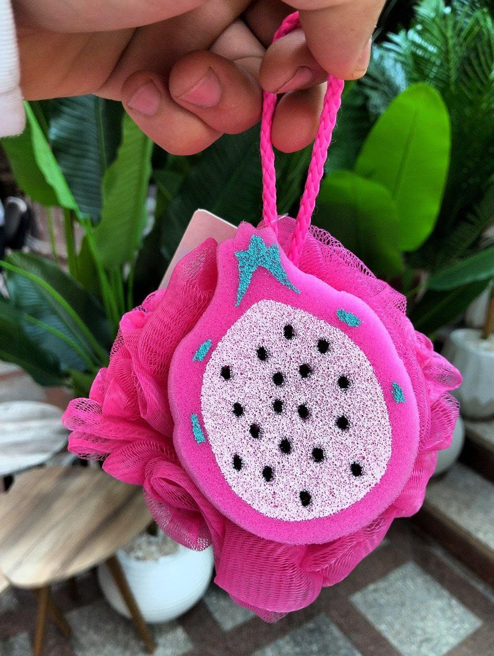 Decorative Bath Loofah with Dragon Fruit Design, Pink Mesh Shower Sponge with Glitter Accent, Hanging Rope Bath Accessory.