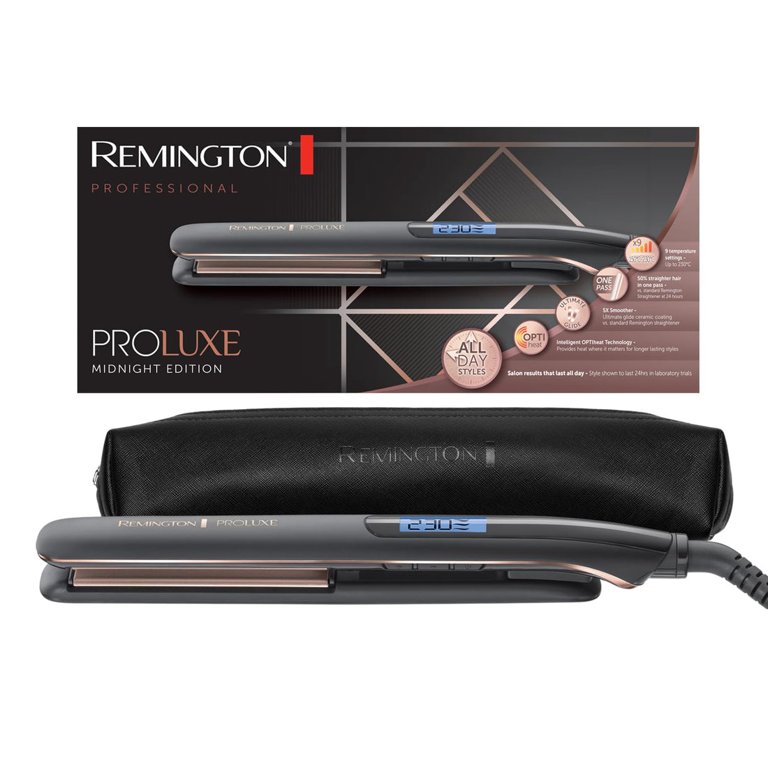 Remington Hair Straightener [Narrow, 110mm Long Ceramic Coated Plates] PROluxe Midnight (OPTIheat Technology, Pro+ Setting Of 185°C For Healthy Styling, Digital Display, Quickly Heated) S9100B