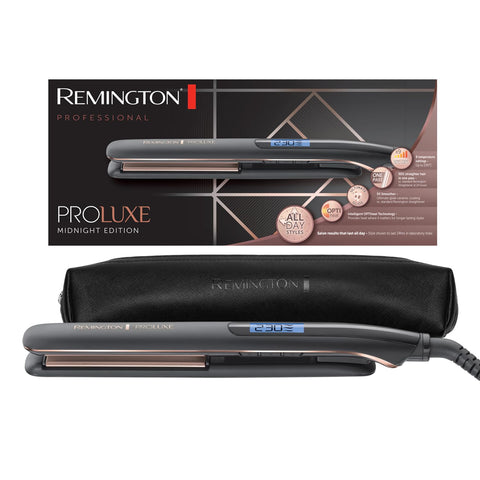 Remington Hair Straightener [Narrow, 110mm Long Ceramic Coated Plates] PROluxe Midnight (OPTIheat Technology, Pro+ Setting Of 185°C For Healthy Styling, Digital Display, Quickly Heated) S9100B