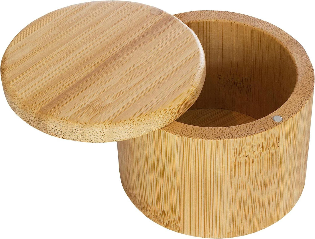 ALMEKAQUZ Totally Bamboo Triple Salt Cellar with Magnetic Swivel Lid for Salt, Spices, Herbs, Seasoning, Salt and Pepper Holder Box with Cover (1 tier)