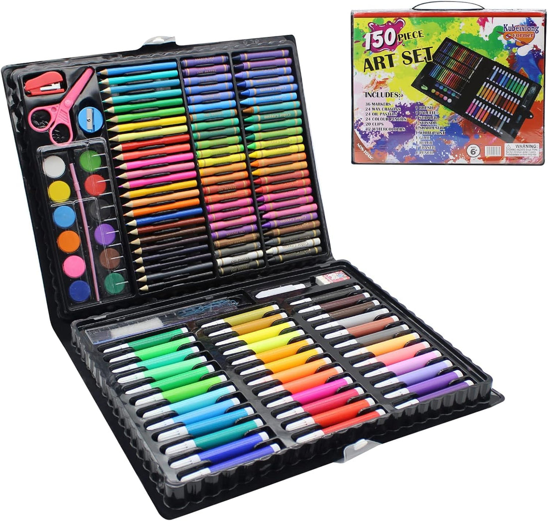 KIDSZONE 150PC Art Set with Sketch Book, Coloring Art Kit Drawing Art Supplies Case, Markers Crayon Colour Pencils for Budding Artists Kids Teens Boys Girls Gift (Black)