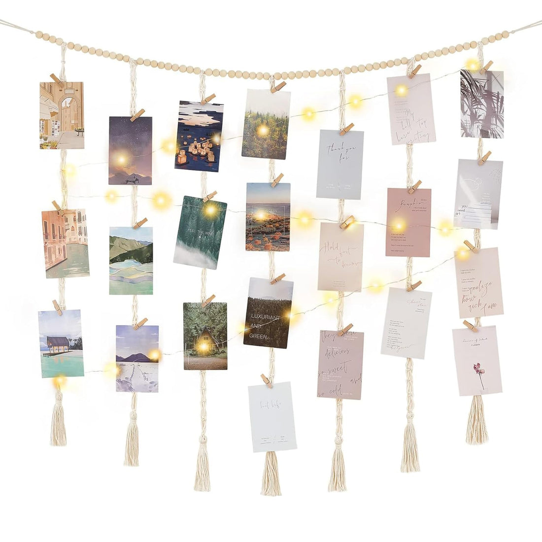 Tazweeq Hanging Photo Display with Clips and Lights - Wall Boho Decor Beads Garland - Suitable for Bedroom, Living Room, Office, Dorm Decor