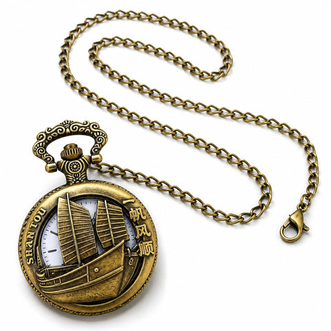 Vintage Bronze Pocket Watch Necklace – Sailing Ship Design Quartz Pendant Watch with Chain, Antique Style Gift for Men & Women