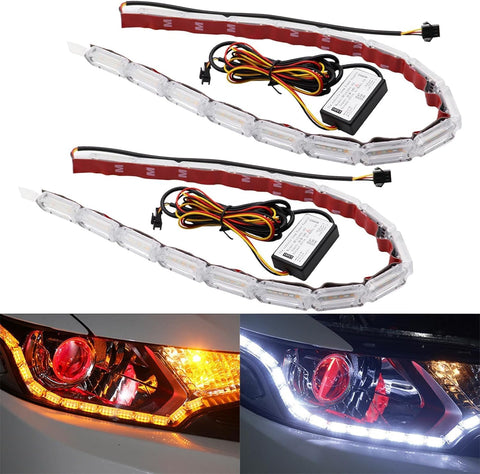 2Pcs fIexible Car Led Light Strip, Car Hood Light Strip, Dual Color 17Inch Headlight DRL LED Strip, Headlight LED Strip Turn Signal Lights Strip (White and Amber)