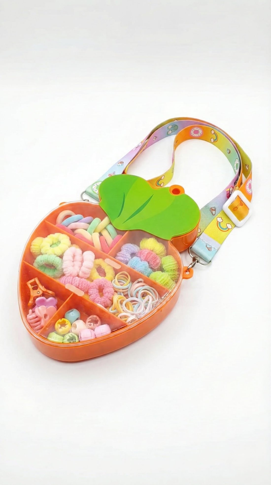 Nopatia Creative Fruit Bag Hair Accessories Set - All-Inclusive Assorted Hair Ties Set - Organized and Divided Storage Bag with Adjustable Shoulder Strap
