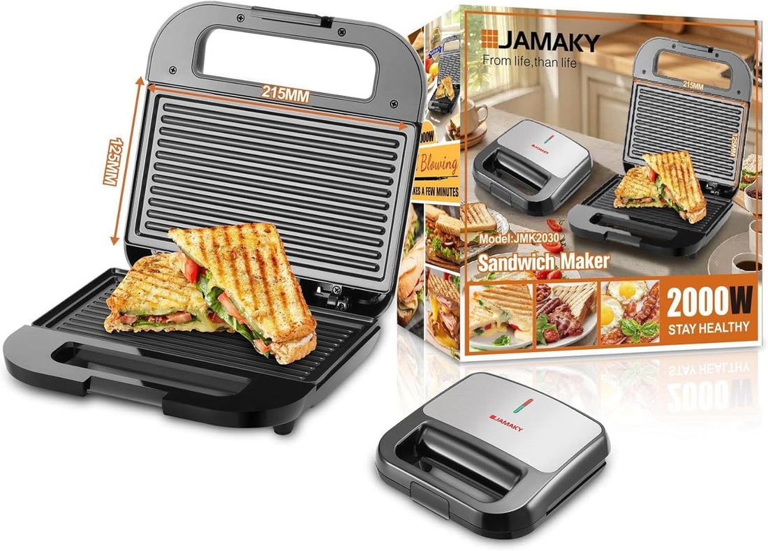 Jamaki 2000W Sandwich Maker, High Power Electric Grill with Double Sided Heating and Easy Clean Non-Stick Coating - Portable and Safe Cooking Companion, jmk-2030