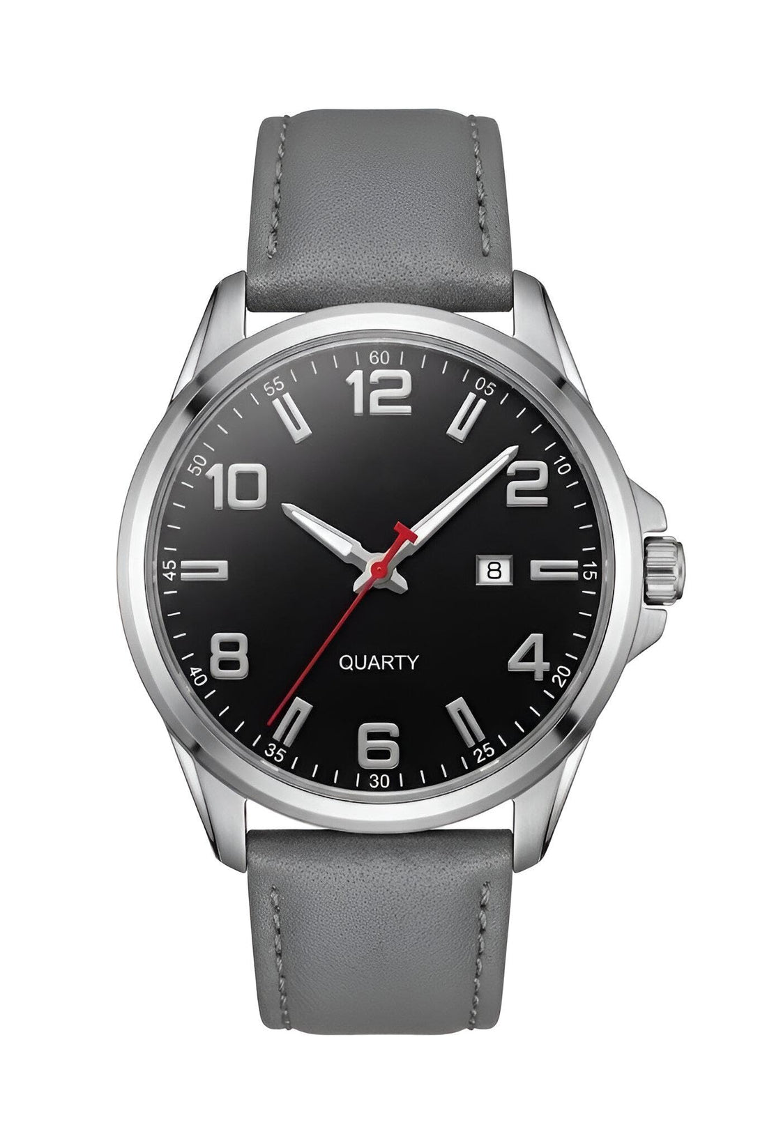Men's quartz wristwatch with a polished steel case, multicolor leather strap, slim and elegant design, clear date display, suitable for daily wear and special occasions.