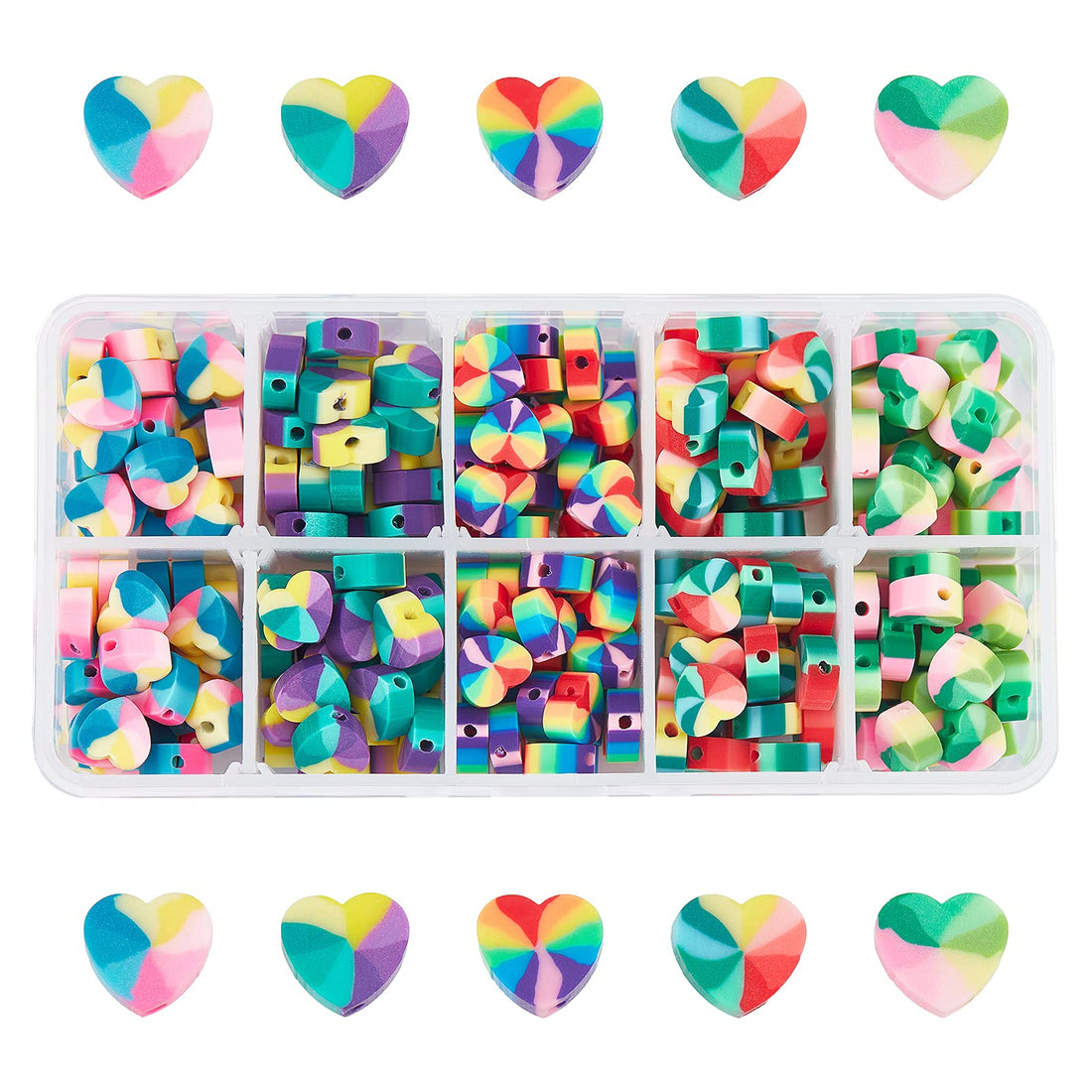 PandaHall 5 Colors Polymer Clay Beads 300pcs Rainbow Heart Clay Beads Polymer Colorful Loose Beads for Y2K Bracelets Necklace Phone Lanyard Keycahin DIY Hair Accessory Jewerly Making, 9x10x4mm