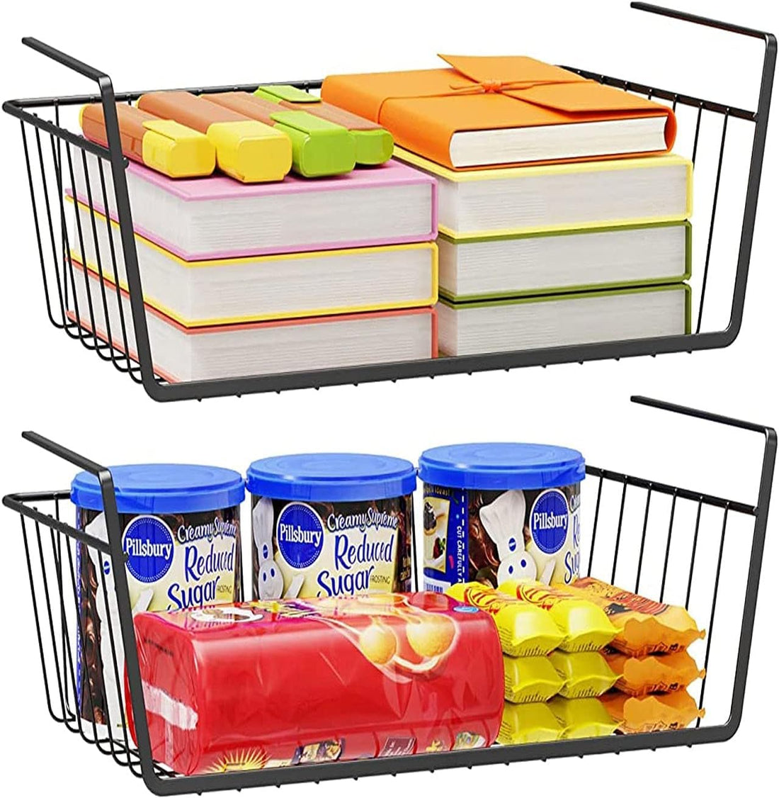 2 Pack Under Shelf Storage Basket, Metal Storage Basket for Kitchen, Office, Cabinets, Bathroom, Library, Organization (Black)