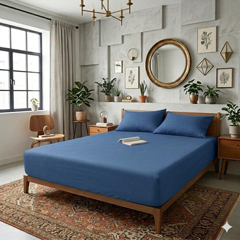 QBED Fitted Bed Sheet Set – Fitted Sheet with 2 Pillow Cases – Soft and Comfortable Fabric – Suitable for All Mattresses (Navy, 120 * 200 * 30)