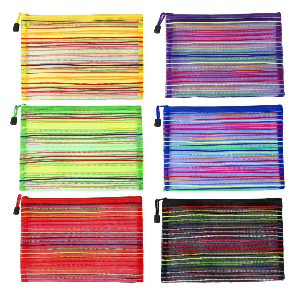 6 Pcs A4 Plastic Zipper Wallets Rainbow Mesh Pouches with Zip Wallets Zipped Document Folders Colorful Stationery File Storage Holders