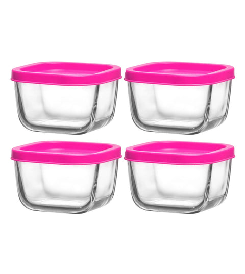LAV CUBE Glass Square Storage Containers/Tight Pink cover /4 Pcs / 270 cc - 9.25 Oz/Elegant design, Trusted Brand, Attractive shape