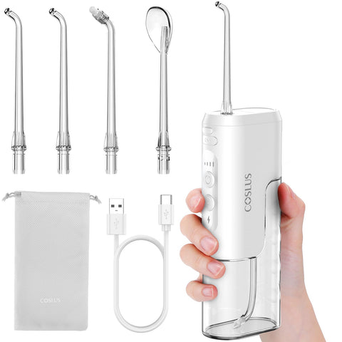 COSLUS Mini Portable Water Flosser for Travel, Cordless Compact Oral Irrigator for Teeth, Braces, Gums Care with 4 Jet Tips & Storable, Rechargeable, Waterproof On-the-Go Use, BPA-Free, White, T40