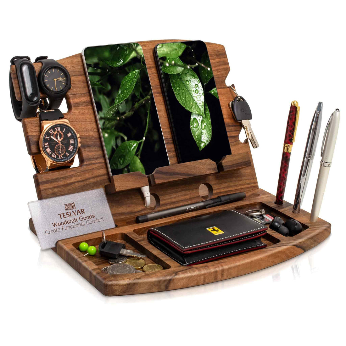 TESLYAR Natural Walnut Wood Phone Docking Station Phone Key Holder Wallet Stand Watch Organizer Men Husband Wife Anniversary Dad Birthday Nightstand Purse Father Graduation