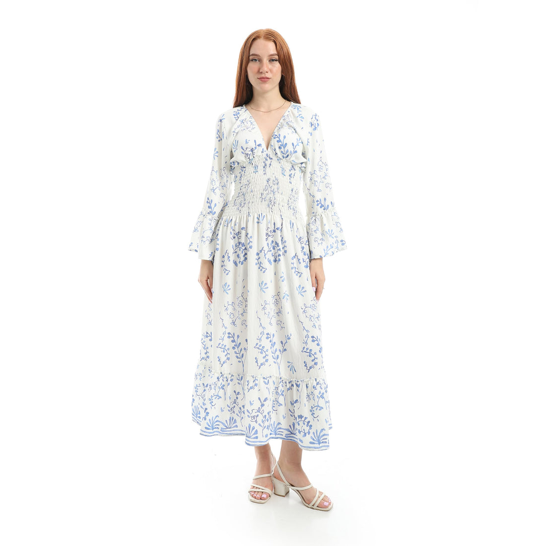 Women's Floral Print Maxi Dress, Long Sleeve, V-Neck, Smocked Waist, Boho Style-4855