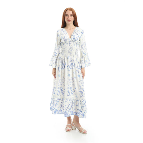 Women's Floral Print Maxi Dress, Long Sleeve, V-Neck, Smocked Waist, Boho Style-4855