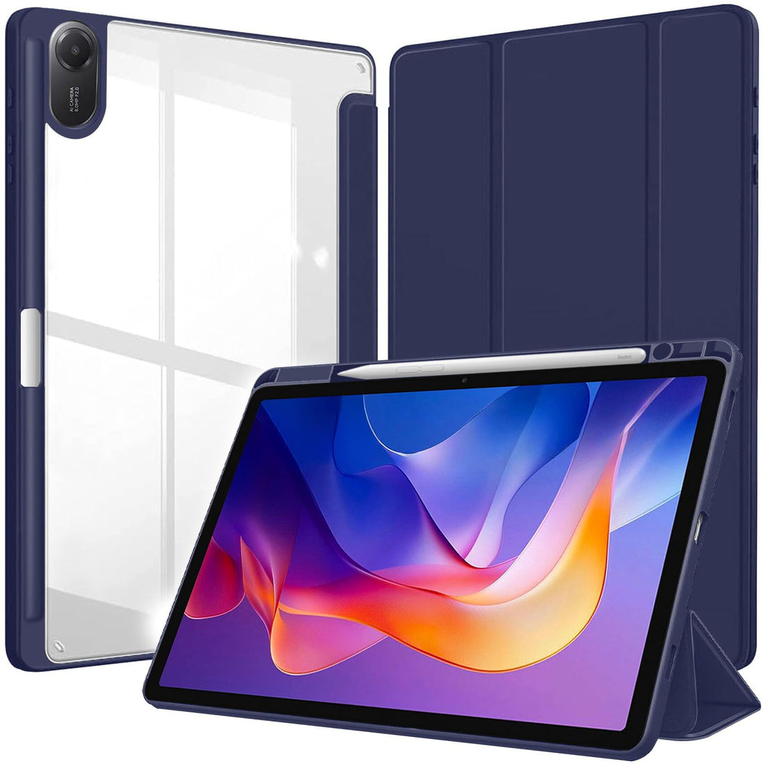Dl3 Mobilak Case for Huawei MatePad SE 11 inch 2024 with Built-in Pencil Holder, Clear Transparent PC Back, Shockproof Tri-Fold Stand Tablet Cover, Auto Wake/Sleep (Dark Blue)
