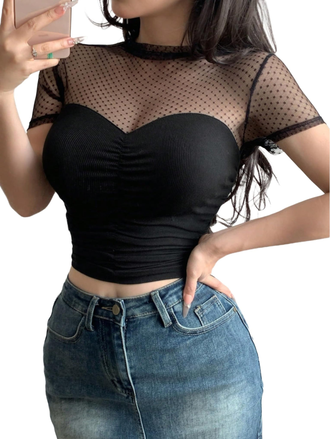 SHEIN Women's Black Polka Dot Mesh Patchwork Blouse - Short Sleeve Stand Collar Slim Fit Top - Elegant Ruched Semi-Sheer Blouse for Daily Wear and Casual Outings