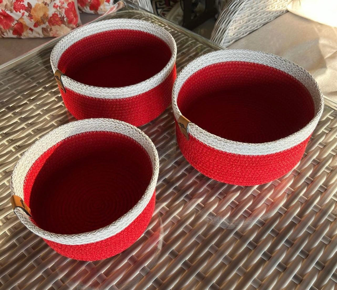Woven It -Christmas Red and White Cotton Basket, 23 cm x 9 cm can be used in Kitchen, toilet, living room, dining room, kids room, bed room, indoor & outdoor.