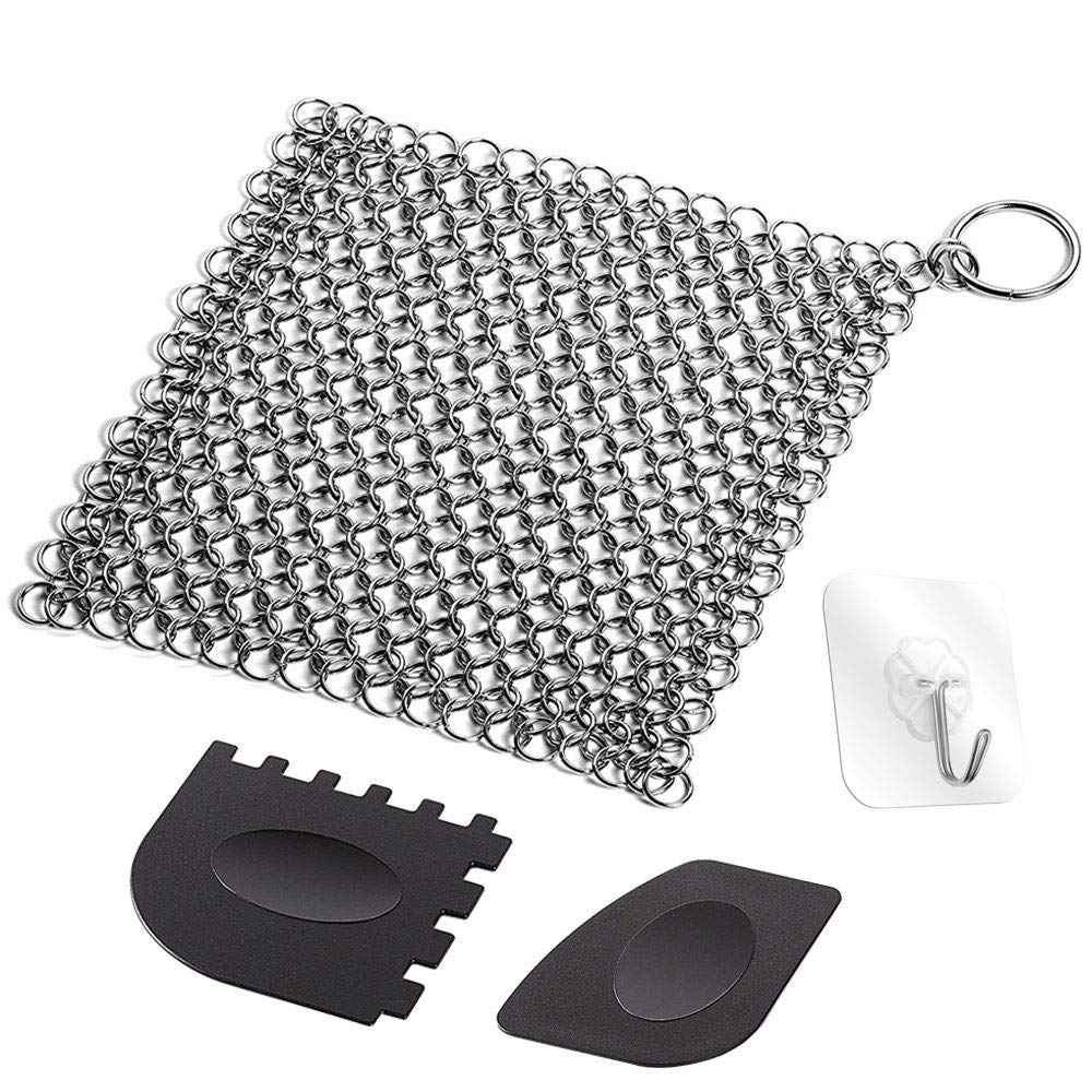 7” Cast Iron Cleaner Chainmail Scrubber for Skillets, Griddles, Pans or Woks and More, with Pan Scrapers