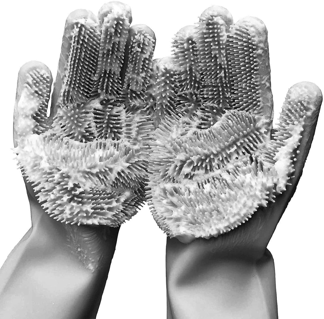 Silicone Dishwashing Gloves, Reusable Rubber Scrubbing Gloves for Dishes,Sponge Wash Cleaning Gloves with Scrubbers for Housework, Bathroom, Kitchen, Car, Pets. 1Pair (13.6" Large) (grey)