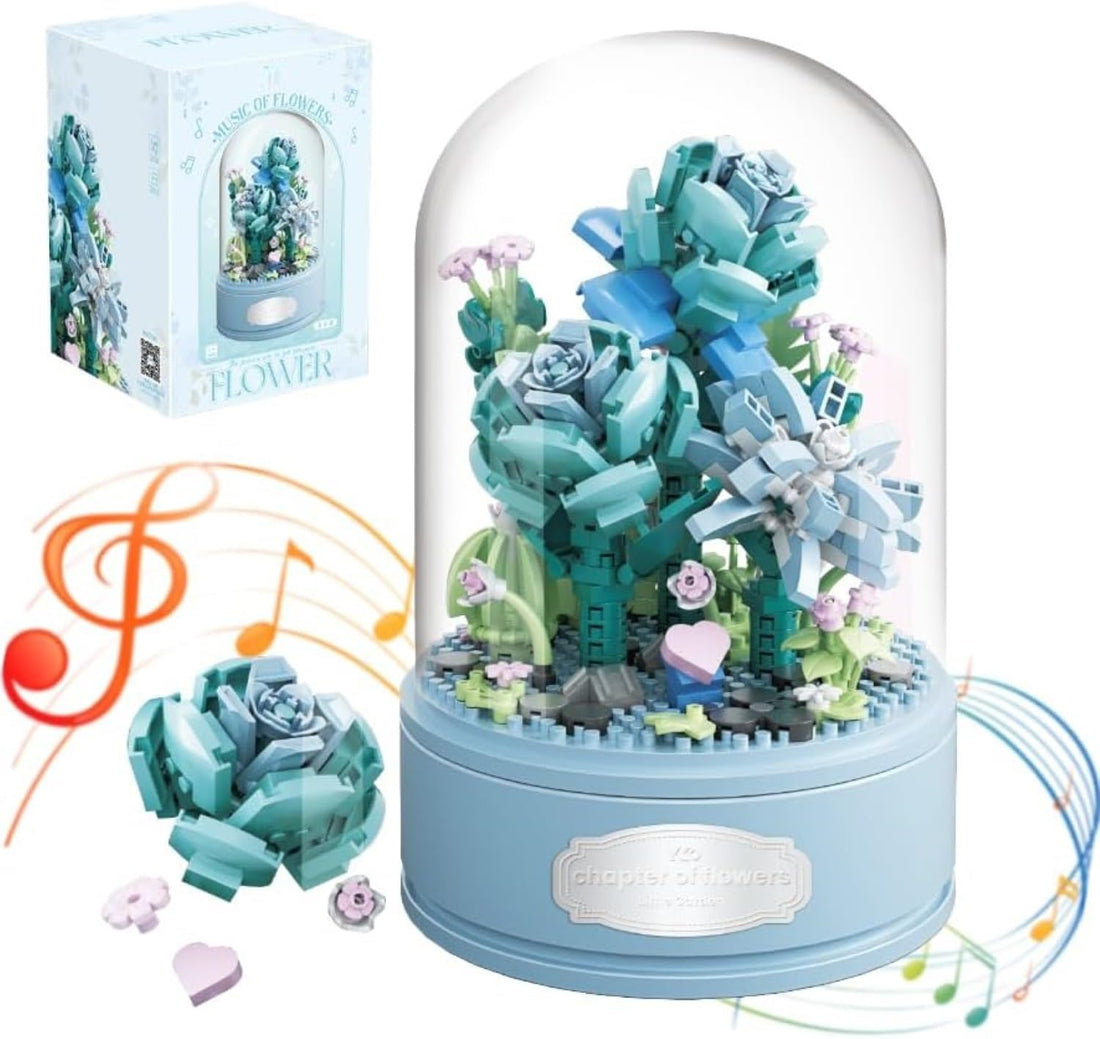 TOYS LAND Blue Rose Bouquet Building Kit, 522 Pcs Mini Bricks Building Blocks Plant Series with Rotating Music Box & Dust Cover, DIY Home Decor Artificial Flower Toys, Girls Boys Adults (Blue Rose)