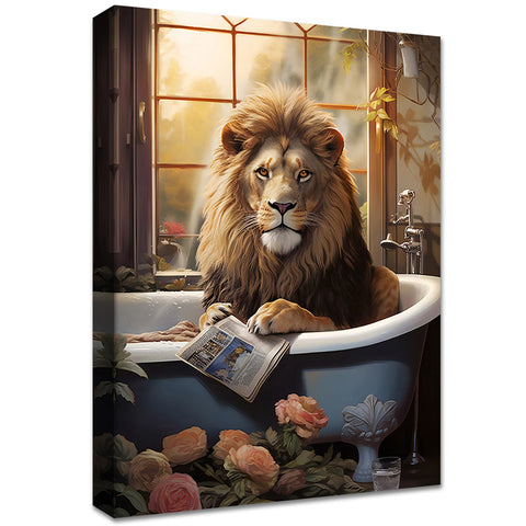 Loin in The Bathtub Wooden Framed Canvas Wall Art Yellow Brown Humor Animals Canvas Print Picture Painting Poster Home Office Kitchen Gallery Corridor Bathroom Wall Decor Ready To Hang 30x40cm