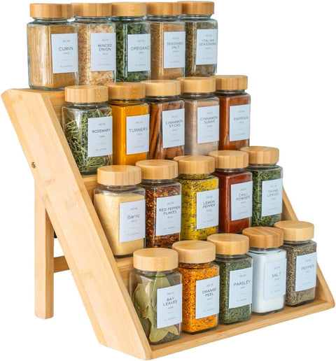 Bamboo Spice Rack Organizer For Kitchen, Sturdy Wood Shelf Seasoning Rack, 3 Tier Free Standing (WOOD)