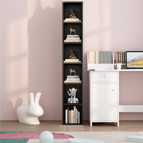 Tall Narrow Bookshelf, 6 Shelf Wooden Corner Bookcase, Modern Skinny Cubes Storage Organizer Display Shelving for Bedroom, Library, Living Room, or Home Office (Black)