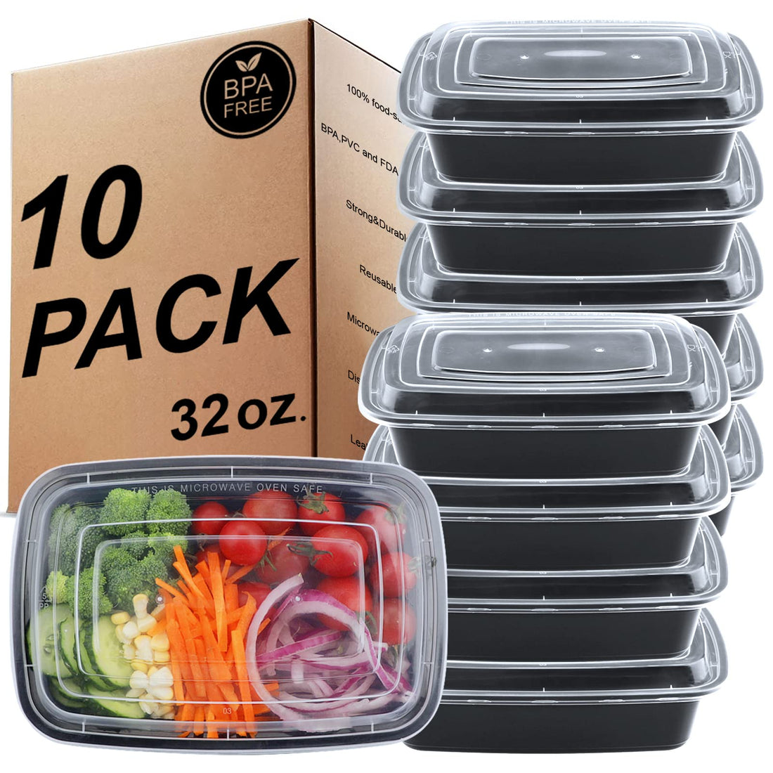 [10 Pack] 1 Compartment BPA Free Reusable Meal Prep Containers，Plastic Food Storage with Airtight Lids，Freezer, Microwave and Dishwasher Safe，Stackable Portion Control Bento Lunch Boxes [32 oz]