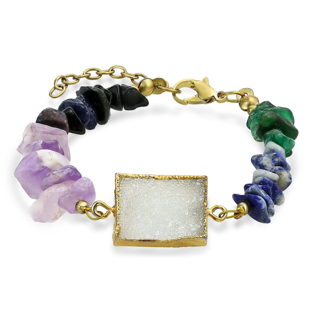 Bling Jewelry Boho Organic Purple Blue Green Agate Multi Gemstone Chip Chakra Fashion Druzy Bracelet for Women Gold Tone Metal