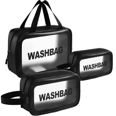 Clear Toiletry Bag Set, Transparent Waterproof Makeup and Cosmetic Organizer, 3-Piece Travel Wash Pouch for Women, Ideal for Toiletries, Skincare, and Accessories, Portable and Easy to Clean - Black