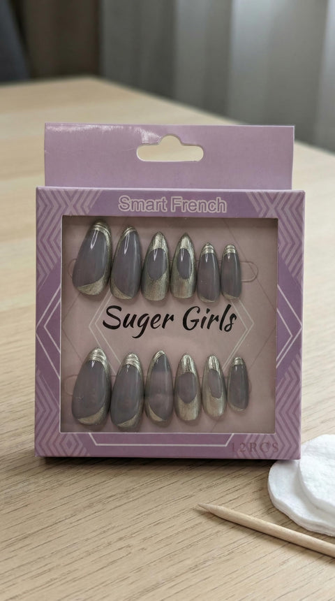 Nopatia 12 Piece False Nails Set - "Geometric Metal" Design (Grey Metallic) - Almond Grey Nails with Chrome Silver Details - Press on Nails (Press-on) for a Luxurious Modern Look