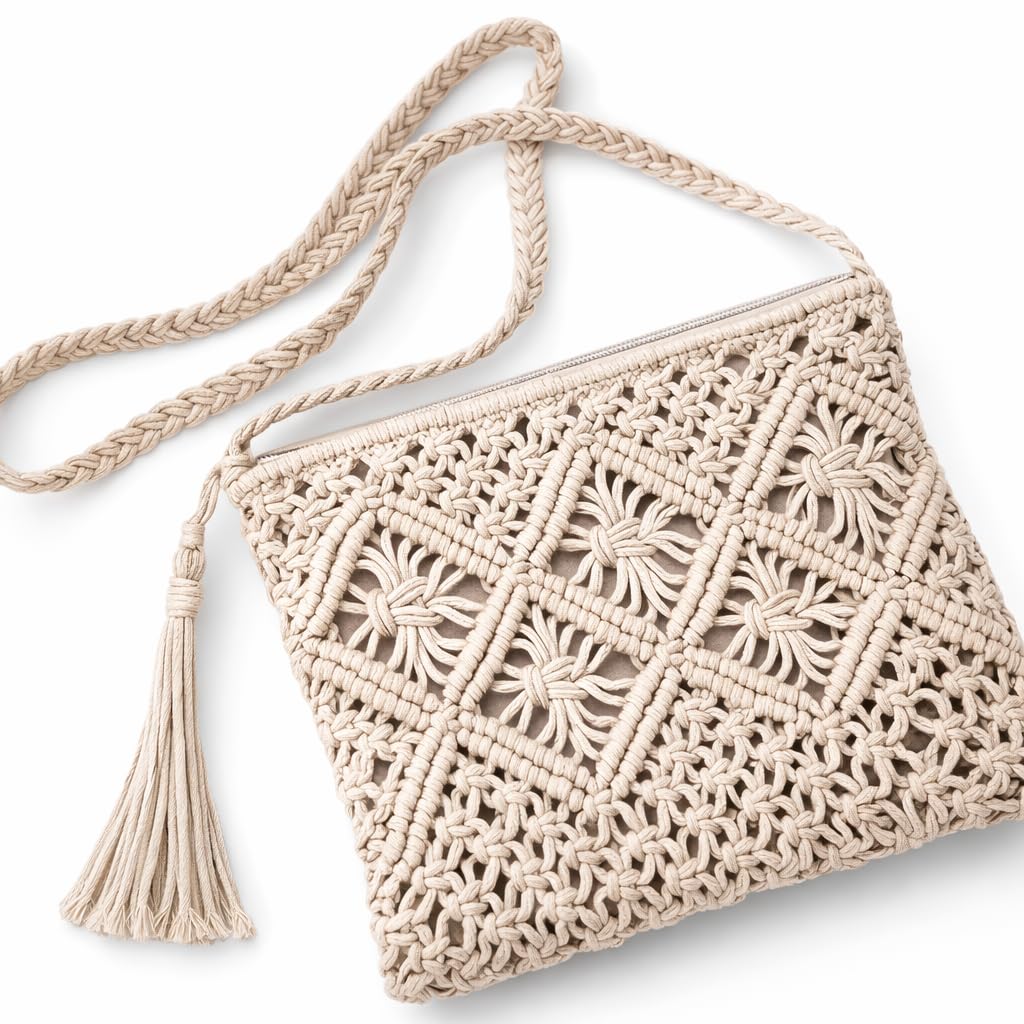 Macrame Handbag for Women – Bohemian Chic Cotton Braided Hand Made Wooden Handle Summer Bag Spacious Lightweight College Summer Beach Bag – Beige | Bohemian