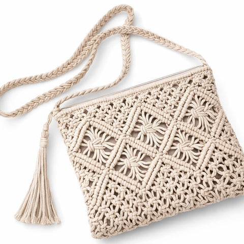 Macrame Handbag for Women – Bohemian Chic Cotton Braided Hand Made Wooden Handle Summer Bag Spacious Lightweight College Summer Beach Bag – Beige | Bohemian