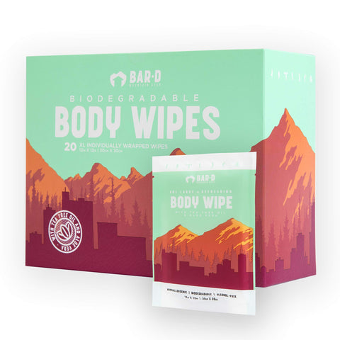 Bar-D Cleansing Face & Body Wipes for Women and Men - Individually Wrapped Biodegradable Shower Wipes with Tea Tree Oil & Aloe Vera (20 count/box)