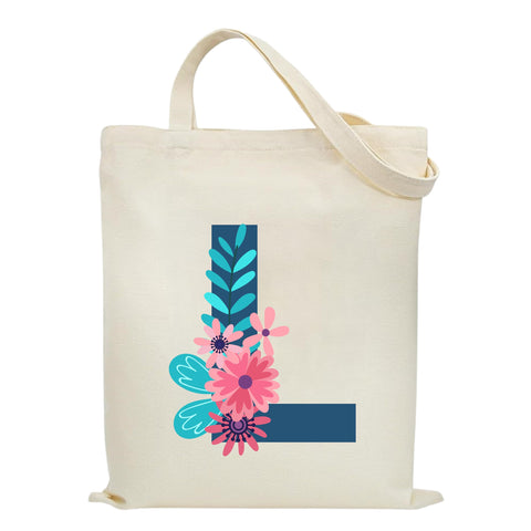 Eco-Friendly Canvas Cotton Tote Bag with Floral Design on Initial Letters Printed Bags for Women, Men - Reusable Shopping Bag, Party Gift Idea and Blend Cotton Gift Bag