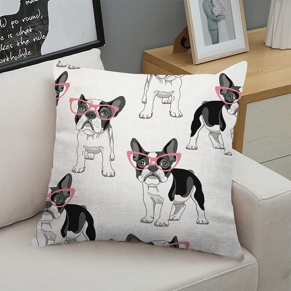 Throw Pillow Cover Black Frenchie with Cartoon French Bulldog in Pink Glasses on White Dog Funny Decorative Throw Pillow Cushion Case for Home Decor 18 x 18 Inches