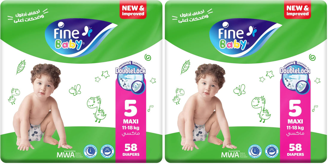 Fine Baby Diapers, Size 5, Maxi, 11-18 kg, 58 Diapers (Pack of 2)
