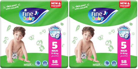 Fine Baby Diapers, Size 5, Maxi, 11-18 kg, 58 Diapers (Pack of 2)