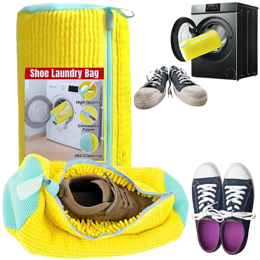 HCN Shoe Washing Machine Bag, Invisible Zipper Side Opening Washing for Washer and Dryer, Shoe Laundry Bags for Sneakers, Reusable Shoe Cleaning Bag for All Shoe Sizes (YELLOW) (Pack Of 2)