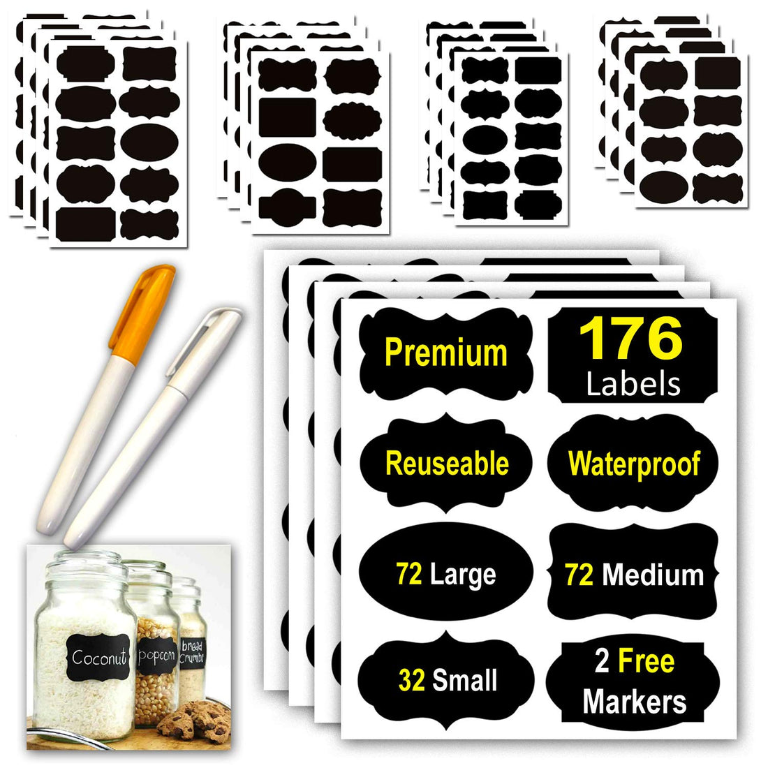 Chalkboard Labels 176 with 2 Markers, Pantry and Storage Stickers for Jars, Pantry Labels for Jars, Mason, Spice, Glass, Cups, Containers, Canisters, Kitchen Accessories, Laundry Room, Office Script