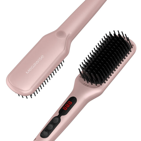 Updated 2025 MEGAWISE Hair Straightener Ceramic Brush ; Anti-Scald Dual Voltage Flat Iron Hot Brush | Rotatable Cord |Auto Shutoff | Anti-frizz |for All Hair Types (Pink)