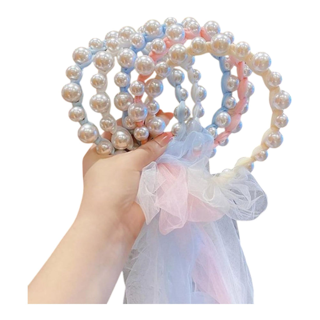 5 Pieces White Pearl Headband with Multicolor Tulle Ribbon, Pink Blue