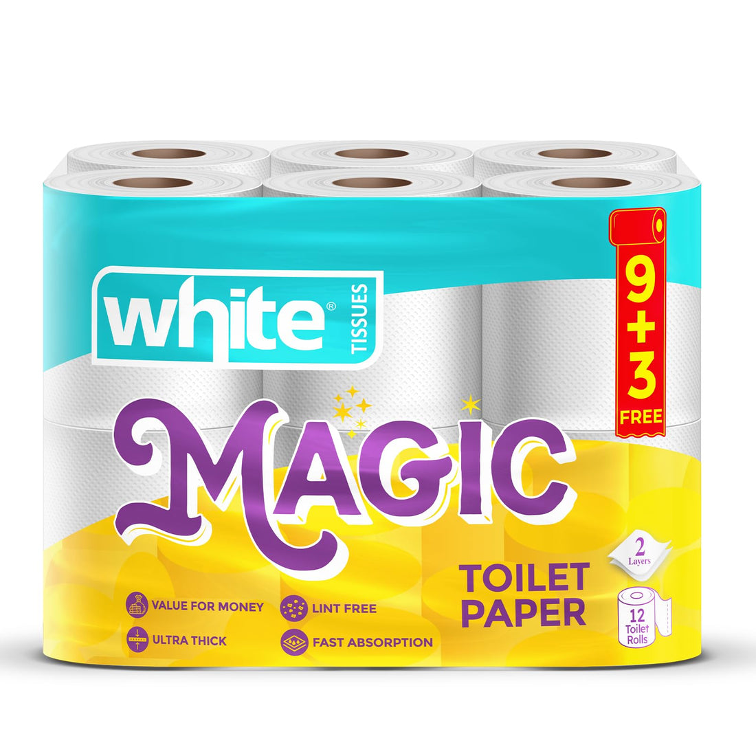 White Magic Toilet Rolls – 12 Rolls, 3Ply | Bulk Pack, More Savings; Ultra-Soft, Highly Absorbent & Strong