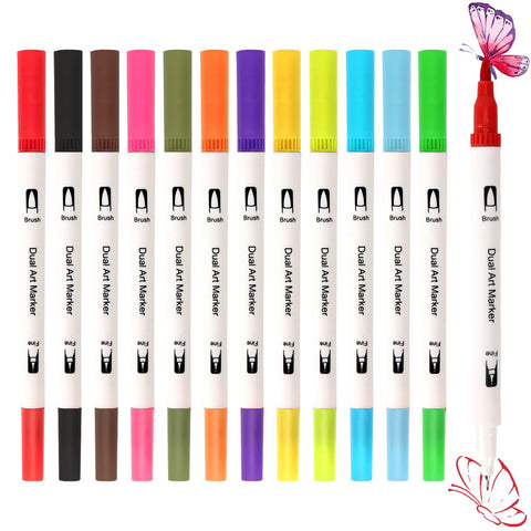 12 Acrylic Pens for Stones Waterproof with Double Tip (Fine Tip & Brush) - Acrylic Marker Set for Stones, Wood, Canvas & More - Acrylic Paint Marker Set with Fade-resistant Colours